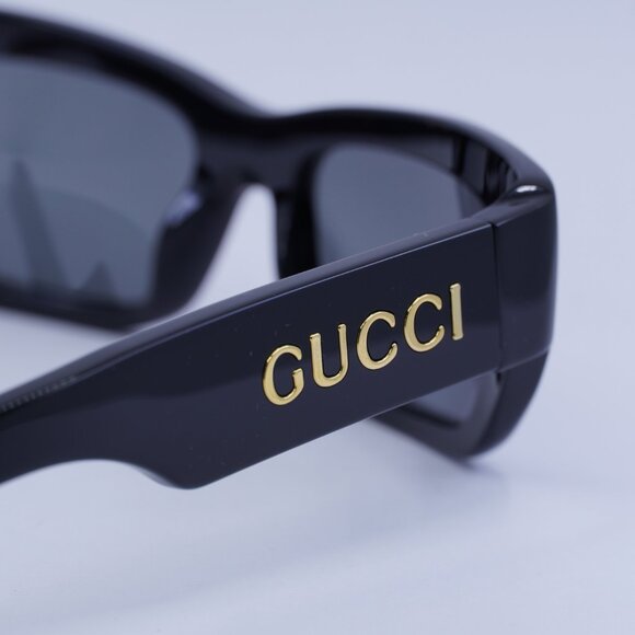 Gucci GG1296S 002 Sunglasses Shiny Black Rectangle Frame, Grey Lenses - Picture 6 of 10